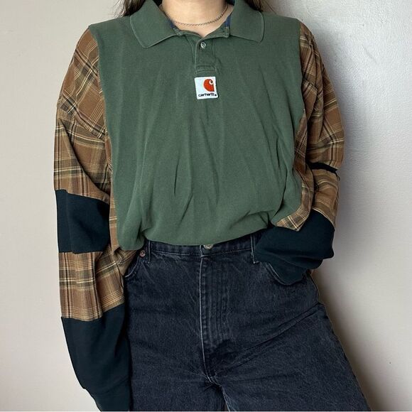 Reworked Upcycled Carhartt Patchwork Long Sleeve Relaxed Baggy Flannel Shirt Top - Picture 1 of 4